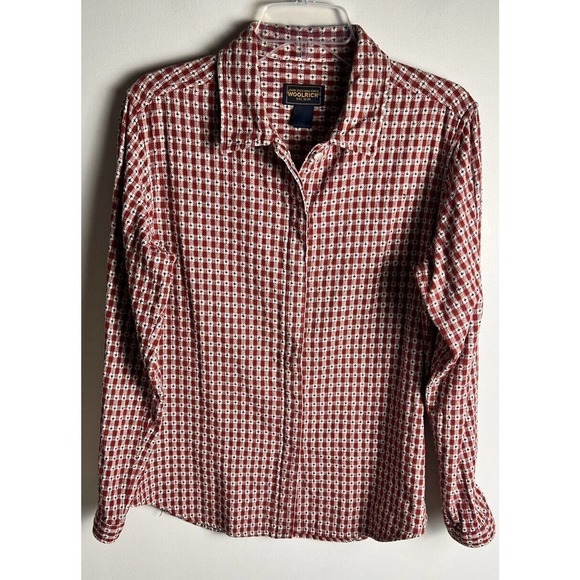 Woolrich Red Plaid Black Stiching Long Sleeve Button Up Cotton Shirt Womens Sz M - Picture 1 of 11